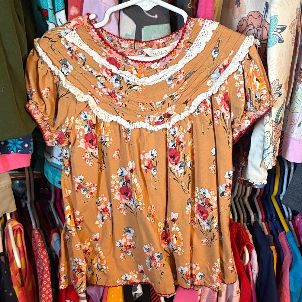 Mustard Floral Blouse with Lace Accents